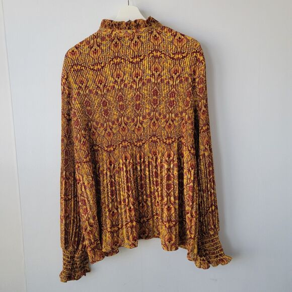 Max Studio women's Pleated top Size XL Bishop Sleeve tie neck boho floral - Picture 2 of 8